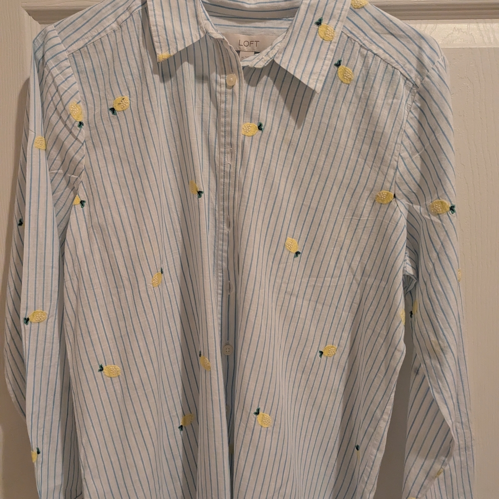 LOFT Men's Blue Striped Shirt with Yellow Accents